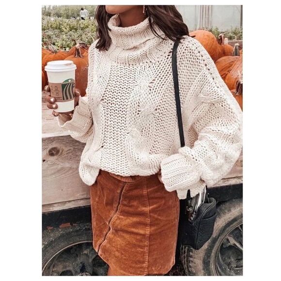 cream Turtle Neck Cable Knit Sweater - Picture 3 of 16